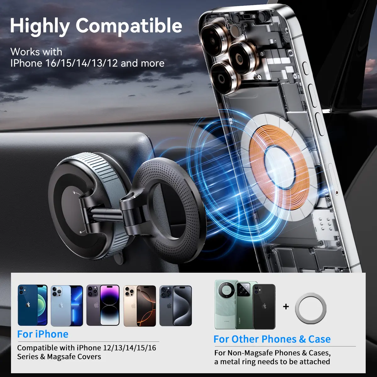 ✨Upgraded Magnetic Phone Holder,Unpowered Version 360° Rotatable Adjustable and Foldable Magnetic & Vacuum Adsorption Car Holder, No Noise for iPhone & Android-XLB