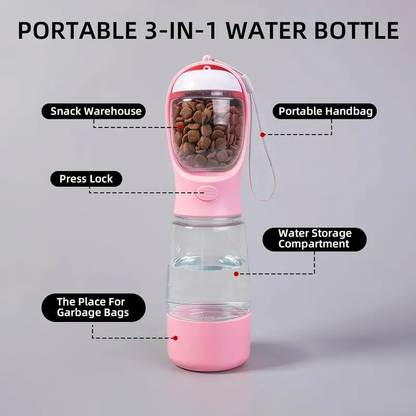 🐕Upgraded 3-in-1 portable pet water bottle with drinking, food storage & poop bag dispenser. Great for hiking, outdoor trips & daily walks, easy to clean, lightweight & practical for hassle-free pet outings and travels.-xlb