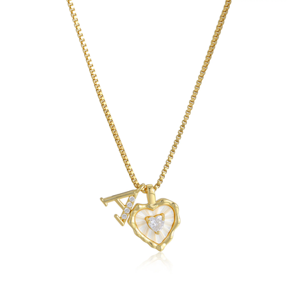 Gold Box Chain Scalloped Shell Heart CZ Initial Necklace A–Z Micro Pave Letter Pendant For Valentine's Day gifts-XLB