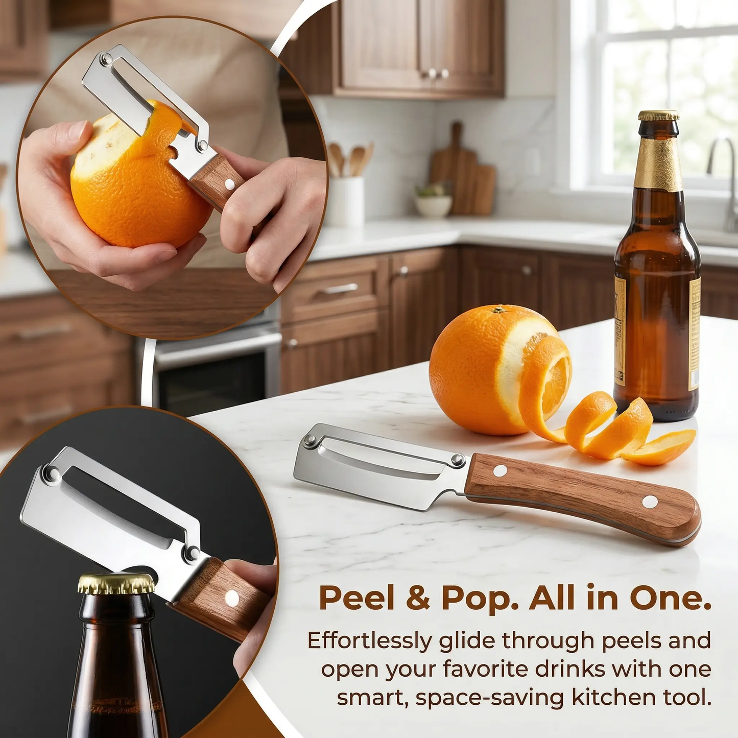 🔥2-in-1 Multi-Purpose Vegetable Peeler with Bottle Opener, Wooden Handle & Stainless Steel Blade, Kitchen Tool for Peeling Sugarcane, Potato, Fruit, Pineapple, Pumpkin, Papaya, Carrot & All Vegetables-XLB