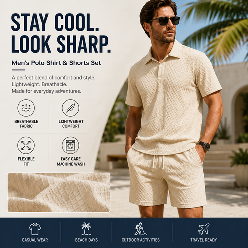 Effortless Summer Style Meets All-Day Comfort Lightweight Textured Polo & Shorts Set for Modern Men Breathable. Comfortable. Vacation-Ready.-JY