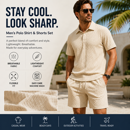 Effortless Summer Style Meets All-Day Comfort Lightweight Textured Polo & Shorts Set for Modern Men Breathable. Comfortable. Vacation-Ready.-JY