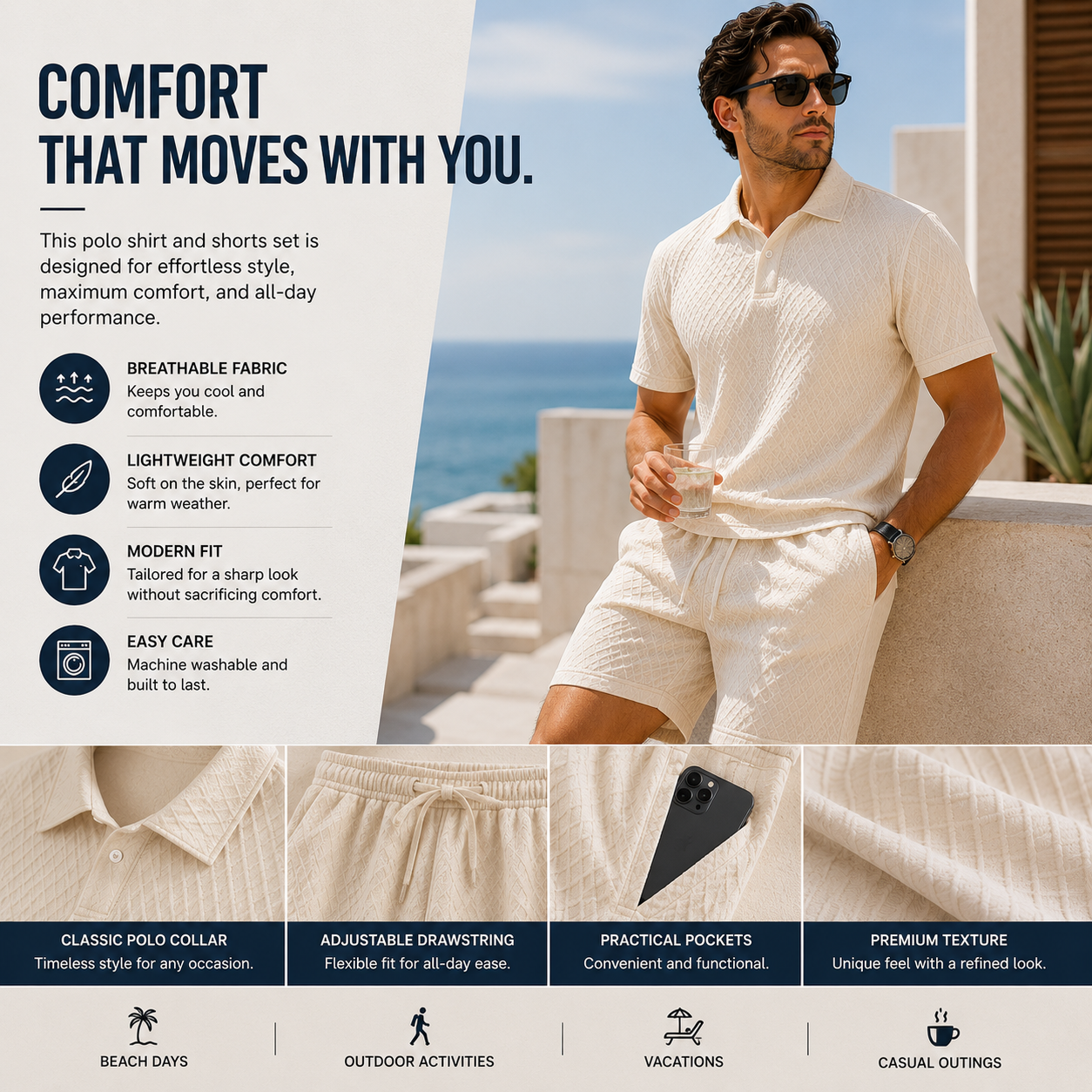 Effortless Summer Style Meets All-Day Comfort Lightweight Textured Polo & Shorts Set for Modern Men Breathable. Comfortable. Vacation-Ready.-JY