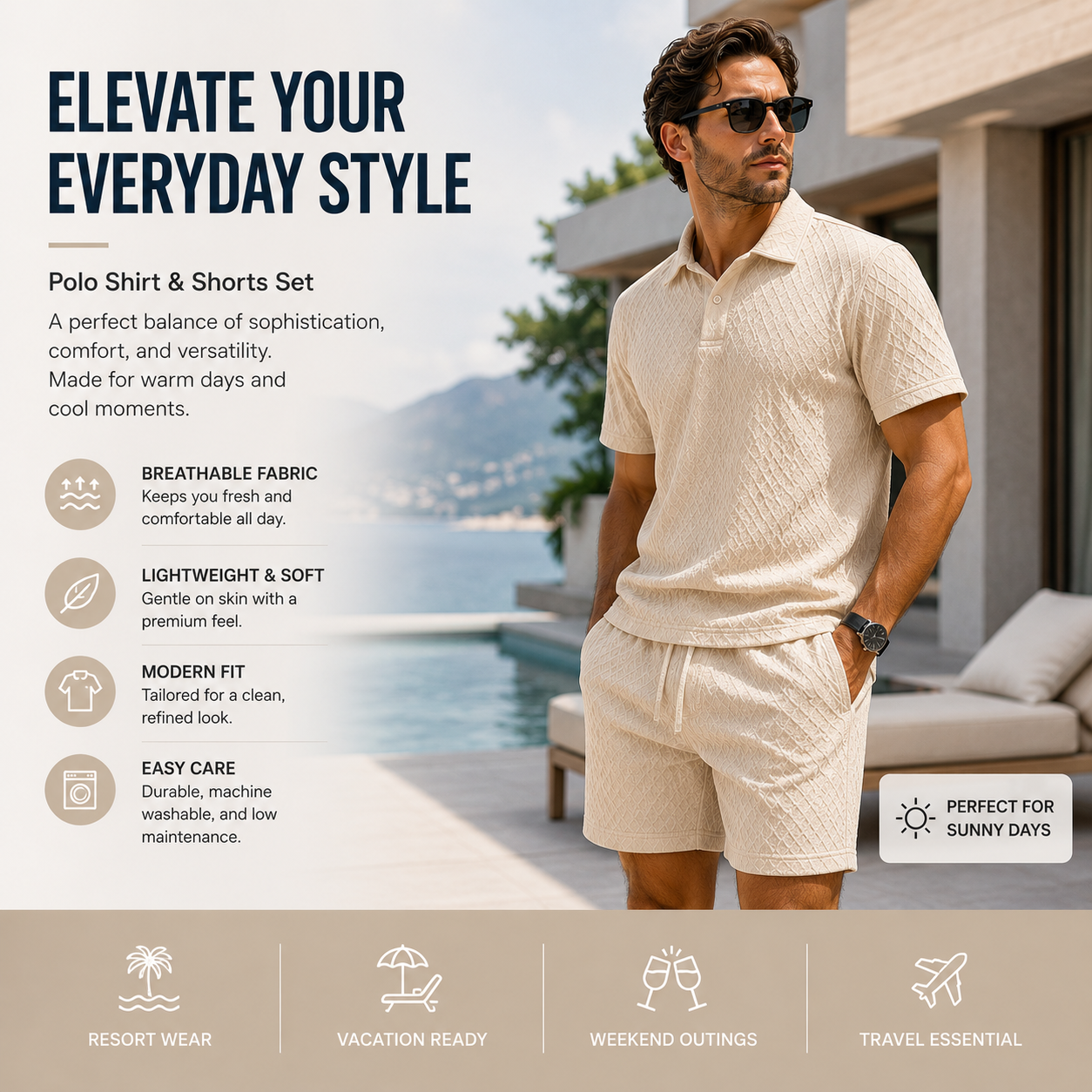 Effortless Summer Style Meets All-Day Comfort Lightweight Textured Polo & Shorts Set for Modern Men Breathable. Comfortable. Vacation-Ready.-JY