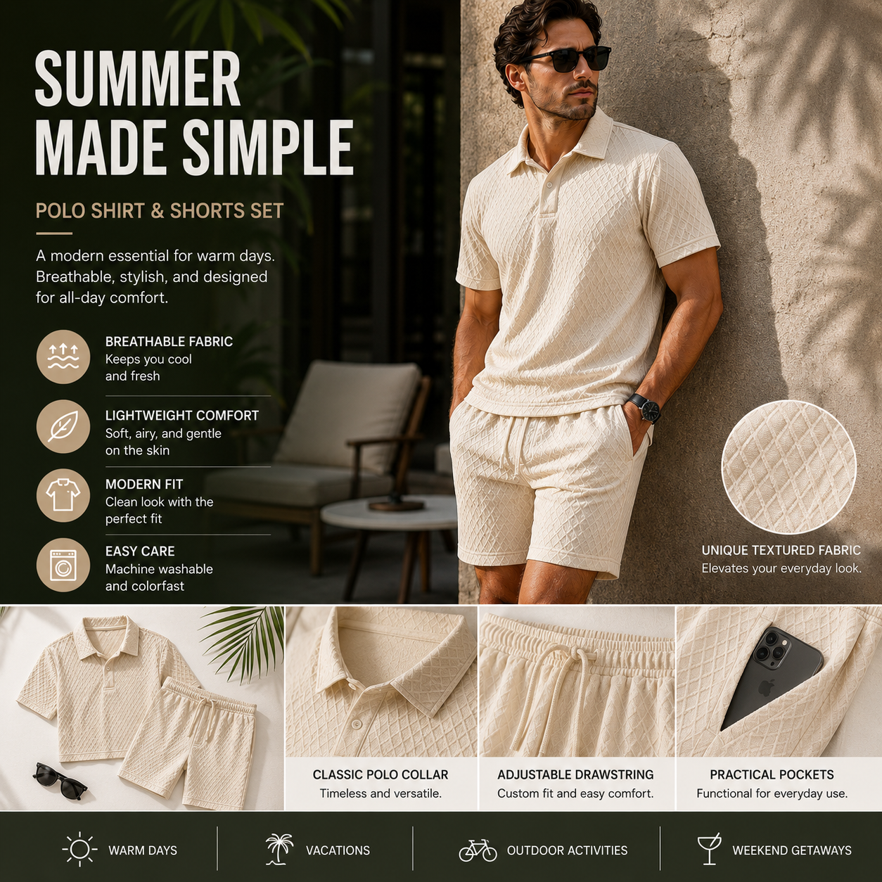 Effortless Summer Style Meets All-Day Comfort Lightweight Textured Polo & Shorts Set for Modern Men Breathable. Comfortable. Vacation-Ready.-JY