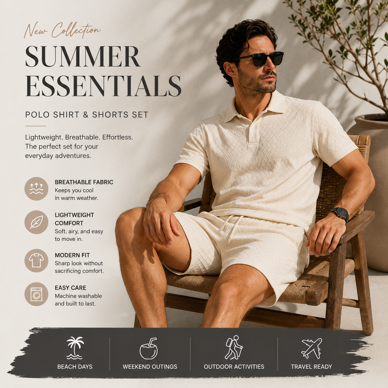 Effortless Summer Style Meets All-Day Comfort Lightweight Textured Polo & Shorts Set for Modern Men Breathable. Comfortable. Vacation-Ready.-JY