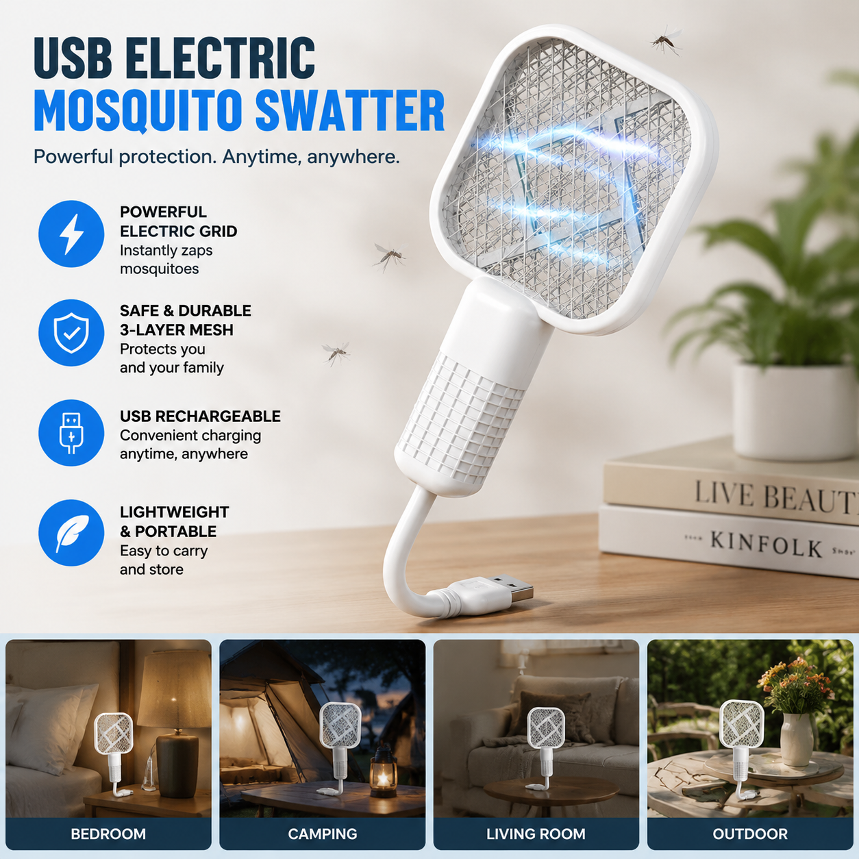 USB Mosquito Zapper & Bug Light Portable 3-In-1 Protection for Home, Travel & Outdoor Use Quiet. Compact. Powerful Mosquito Control.-JY