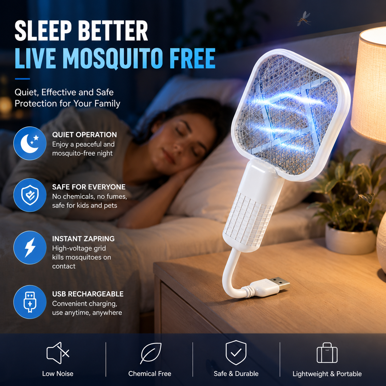 USB Mosquito Zapper & Bug Light Portable 3-In-1 Protection for Home, Travel & Outdoor Use Quiet. Compact. Powerful Mosquito Control.-JY