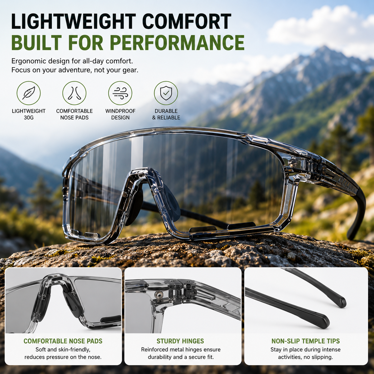 Photochromic Outdoor Sunglasses UV400 Protection for Cycling, Hiking & Everyday Adventure Adaptive Lenses. All-Day Comfort. Built for Performance.-JY