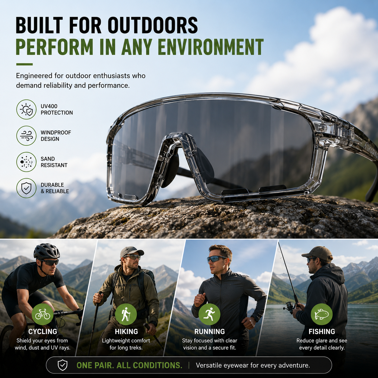 Photochromic Outdoor Sunglasses UV400 Protection for Cycling, Hiking & Everyday Adventure Adaptive Lenses. All-Day Comfort. Built for Performance.-JY