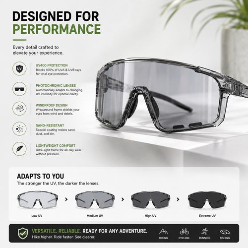 Photochromic Outdoor Sunglasses UV400 Protection for Cycling, Hiking & Everyday Adventure Adaptive Lenses. All-Day Comfort. Built for Performance.-JY