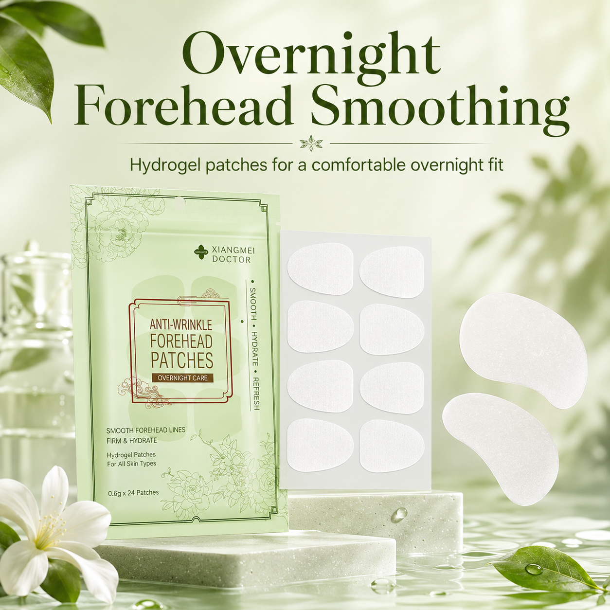 Hydrogel anti-wrinkle patches designed to soften the look of forehead lines, frown lines, smile lines, and sleep creases while you rest.-JY