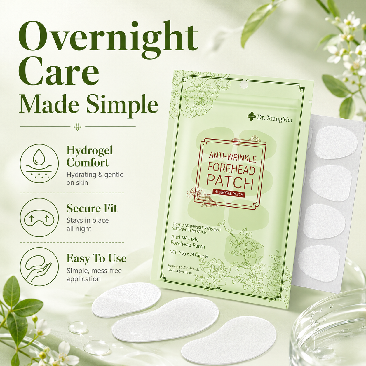 Hydrogel anti-wrinkle patches designed to soften the look of forehead lines, frown lines, smile lines, and sleep creases while you rest.-JY
