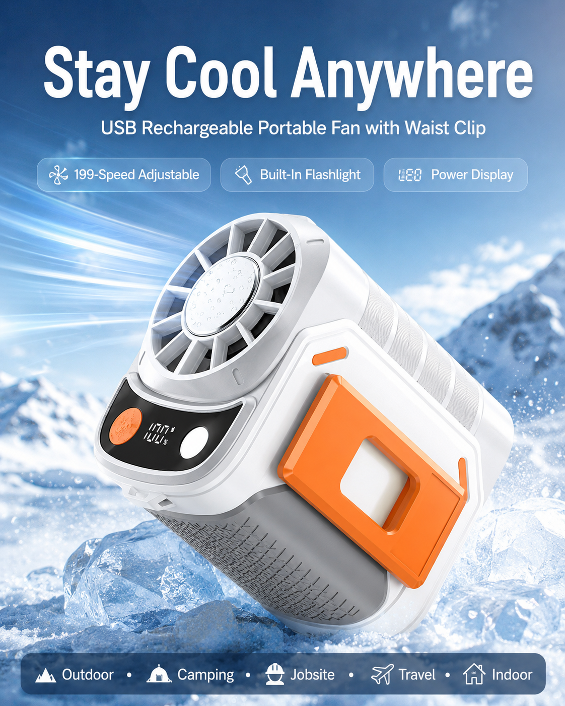3-in-1 USB Rechargeable Handheld Portable Fan, 199-Speed Adjustable, with Waist Clip, Flashlight & PowerDisplay, Personal Fan for Outdoor, Camping, Jobsite, Travel &Indoor Use-JY