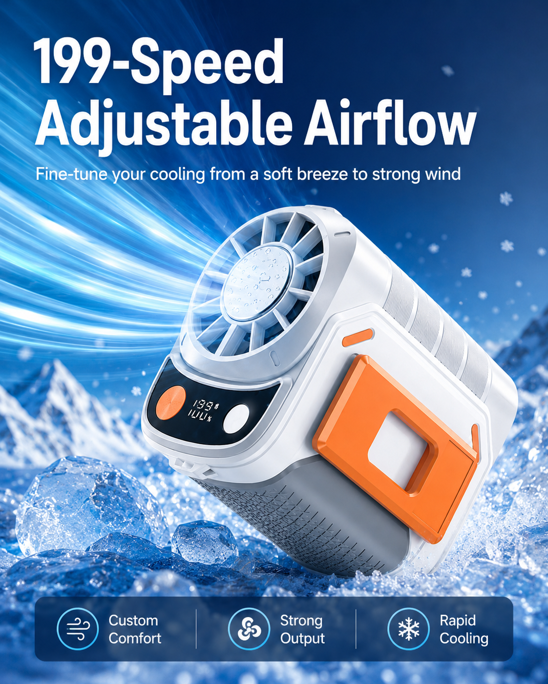 3-in-1 USB Rechargeable Handheld Portable Fan, 199-Speed Adjustable, with Waist Clip, Flashlight & PowerDisplay, Personal Fan for Outdoor, Camping, Jobsite, Travel &Indoor Use-JY
