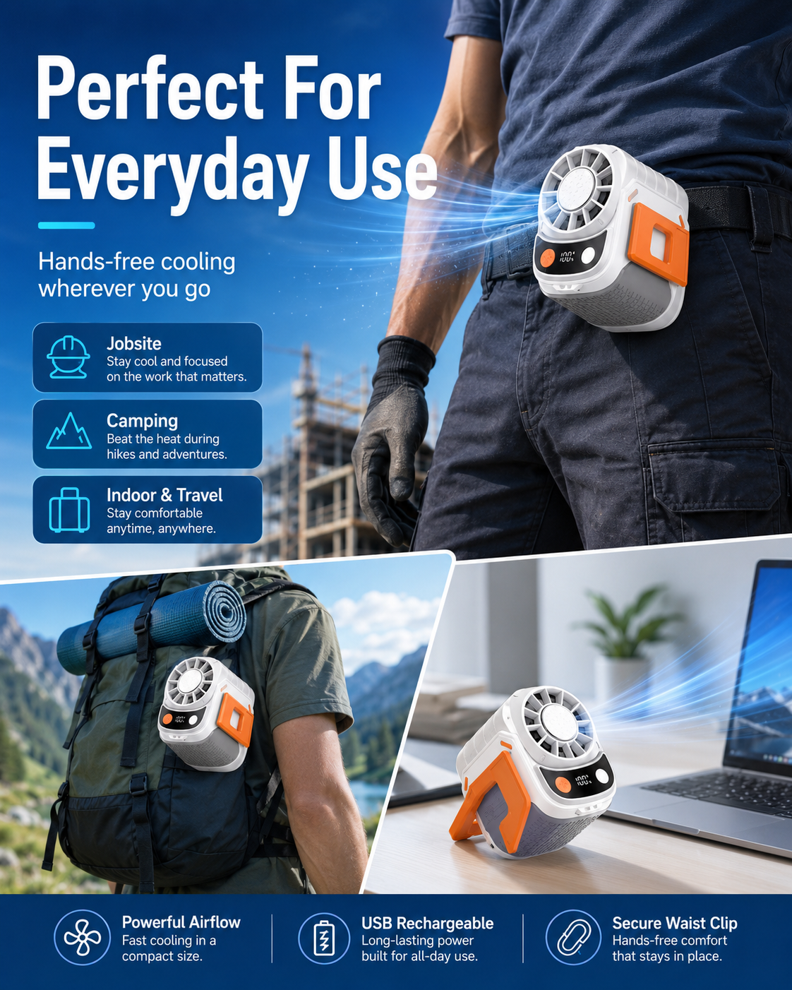 3-in-1 USB Rechargeable Handheld Portable Fan, 199-Speed Adjustable, with Waist Clip, Flashlight & PowerDisplay, Personal Fan for Outdoor, Camping, Jobsite, Travel &Indoor Use-JY
