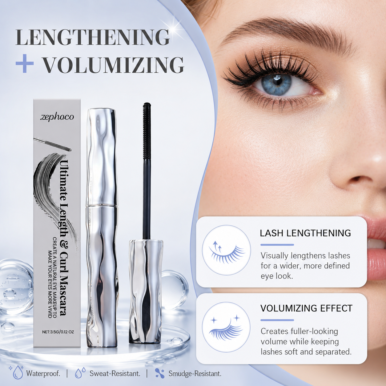 Waterproof Long-Wear Mascara – Naturally Curling, Sweatproof, Lengthening & Smudge-Resistant-JY