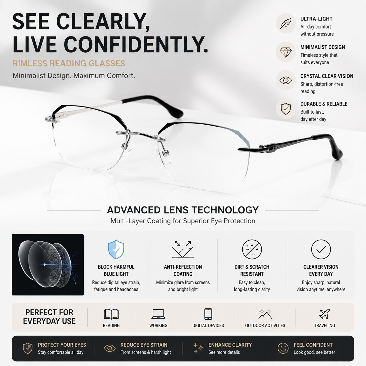 HD Blue Light Blocking Glasses – Clear Vision for Reading & Digital Screens-TRL