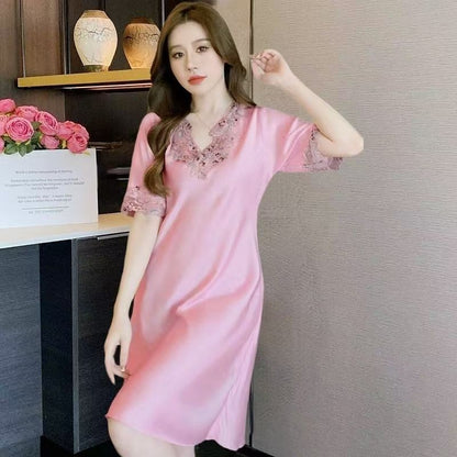 Elegant Ice Silk Lace Nightdress Lightweight Comfort for Cool & Relaxing Summer Nights Silky Soft • Breathable • Effortlessly Beautiful-JY
