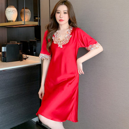 Elegant Ice Silk Lace Nightdress Lightweight Comfort for Cool & Relaxing Summer Nights Silky Soft • Breathable • Effortlessly Beautiful-JY