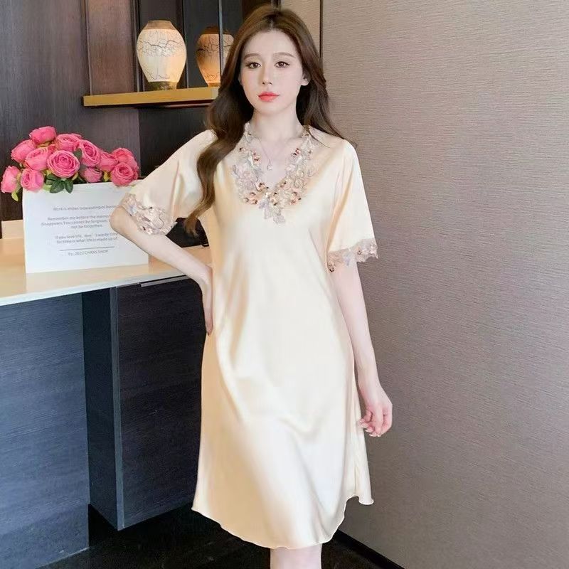 Elegant Ice Silk Lace Nightdress Lightweight Comfort for Cool & Relaxing Summer Nights Silky Soft • Breathable • Effortlessly Beautiful-JY