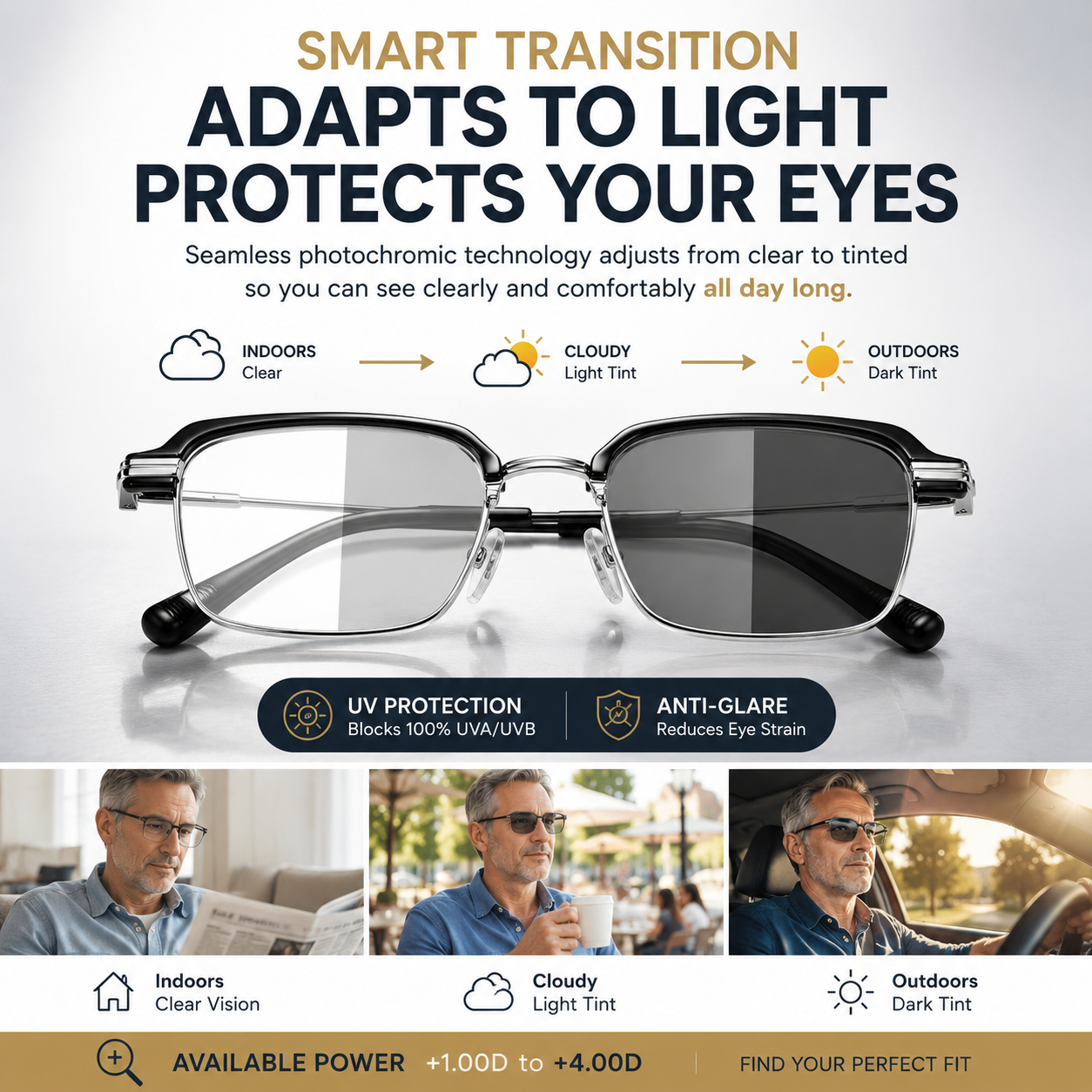 Stylish Photochromic Progressive Reading Glasses, Anti Blue Light Transition Readers, Optional Diopters & 2 Frame Colors for Seniors-III