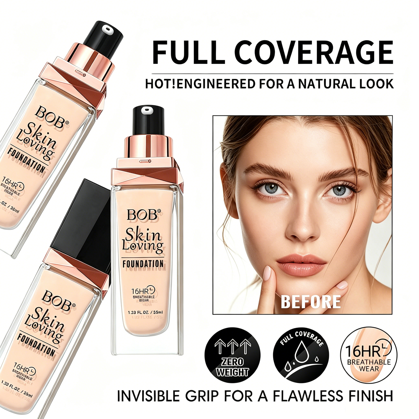 BOB Long-Wearing Foundation, Transfer-Proof, Long Lasting, High Coverage-TRL