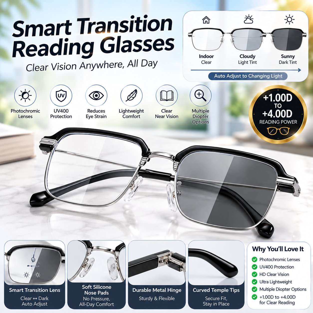 Stylish Photochromic Progressive Reading Glasses, Anti Blue Light Transition Readers, Optional Diopters & 2 Frame Colors for Seniors-III