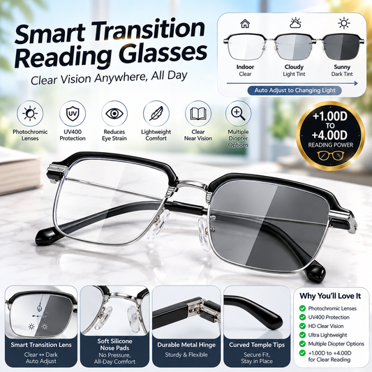 Stylish Photochromic Progressive Reading Glasses, Anti Blue Light Transition Readers, Optional Diopters & 2 Frame Colors for Seniors-HJY